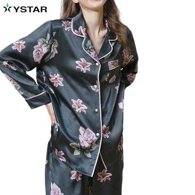 China Digital Printing Breathable Satin Sleep Wear 100% Custom Pure Silk Pajamas Set Winter Women Silk Pajamas for sale