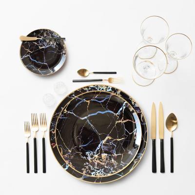 China Sustainable New Design Black Marble Dish Set Ceramic Fine Bone China Dishes Cheap Ceramic Dishes for sale