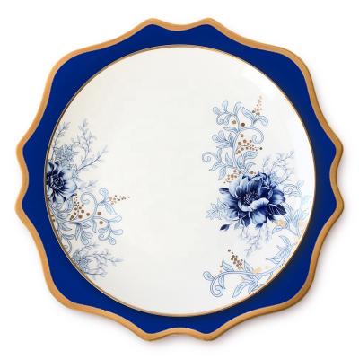 China Sustainable Wholesale Blue And White Fine Bone China Dinnerware Sets Banquet Sunflower Charger Dishes For Wedding Decoration for sale