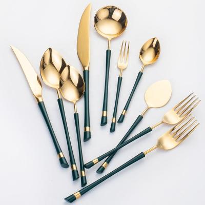 China 2021 New Design 304 Stainless Steel Restaurant Hotel Sustainable Home Green And Gold Plated Flatware Set for sale