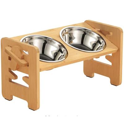 China Sustainable Eco Friendly Adjustable Raised Dog Cat Dinning Table Bamboo Pet High Stand Feeder for sale