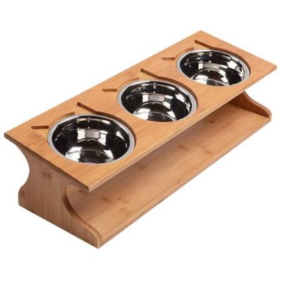 China Viable Raised Pet Rolls Raised Dog Cat Feeder Solid Bamboo Stand With Cute Kitty Bowl Ceramic Food Feeding Bowl for sale