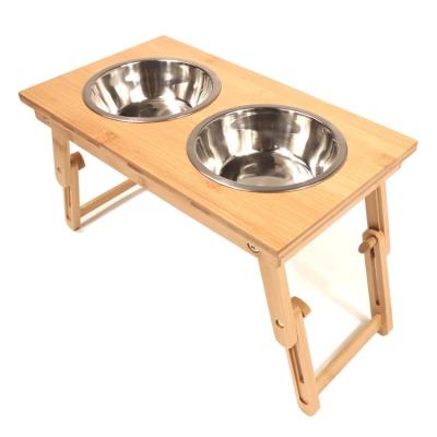 China Dog and Cat Food Water Metal Bowls Durable High Stand Feeder Bamboo Non-Slip Raised Double Pet Bowls for sale