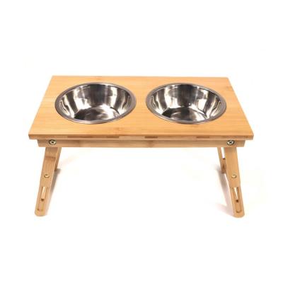 China Sustainable Adjustable Overhead Bamboo Dog Food And Water Holder Pet Feeder for sale