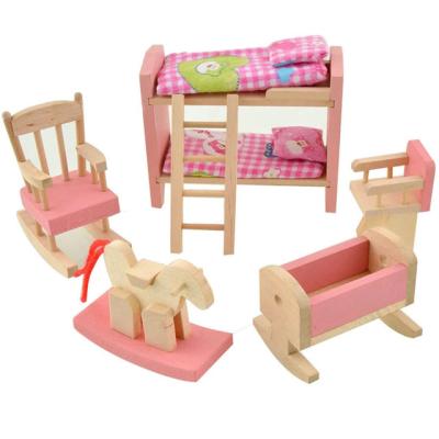 China Eco-friendly non-toxic mini wooden furniture children's intellectual simulation toy set play model house wooden toys for sale