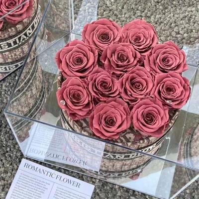 China New Lasting Preserved Rose In Box Preserved Flower Box Real Roses Eternal Rose For Wedding Anniversary 21*21*19cm for sale