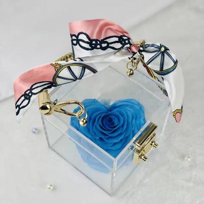 China New Products Transparent Pink Flower Handbag Preserved Roses Box Luxury Handbags For Luxury Women 12*12*12.6cm for sale