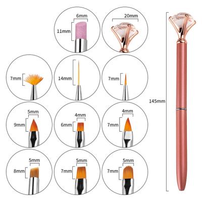 China NAIL 1 Set 10 in 1 Large Diamond Replace 10 Heads Nail Art Brush Pen Drawing Painting Liner Design Tool for sale