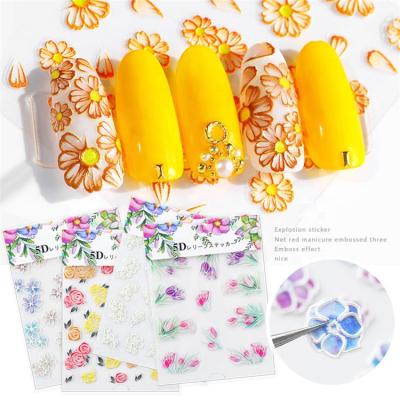 China 5D 1 Piece Embossed Flower Nail Tool Decoration Colorful 5D Engraving Flower Nail Sticker Nail Decals for sale