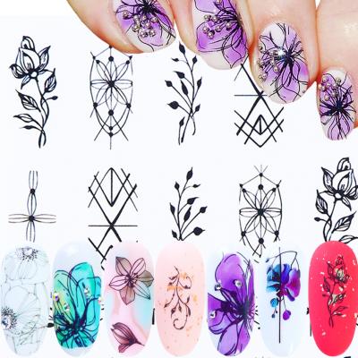 China 2021 2D New 1pcs Black Lines Flower Nail Art Decal Beauty Foils Vine Nail Water Sticker Foil Lace Design Slider Decoration for sale