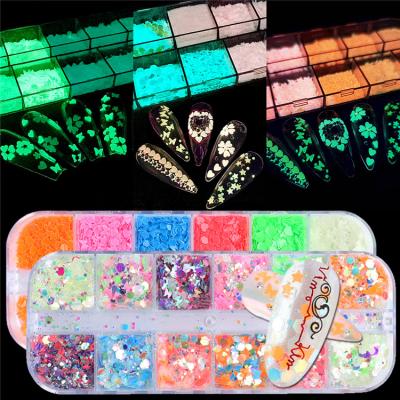 China 3D Butterfly Luminous Nail Glitter 2021 New 12 Grit / Set Heart Star Flowers Nail Art Sequins for sale