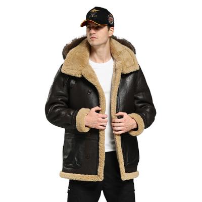 China QUICK DRY Men's RAF B3 Bomber Flight Aviator Shearling Sheep Skin Leather Jacket with hood for sale