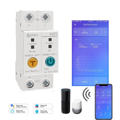 China 2P WiFi Remote Control Compatible with Amanzon Alexa and Google Home Energy Monitoring Leakage Circuit Breaker Din Rail Switch RDCBC for sale