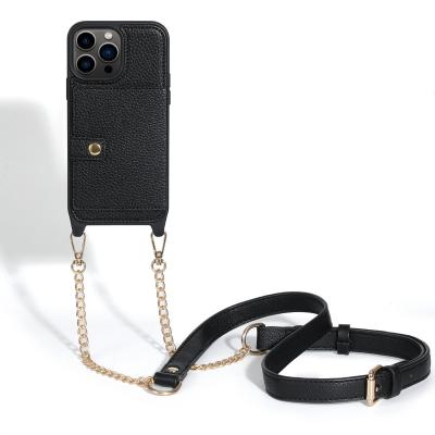 China Cross 2022 - New Cross Body Hook Necklace Phone Strap Leather Wallet Case For iPhone 13 13 pro 13 pro max for sale