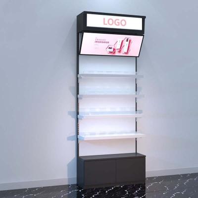 China Single Sided Cosmetic Shelf Lights Makeup Display Stands Customized Cosmetic Store Shelves for sale