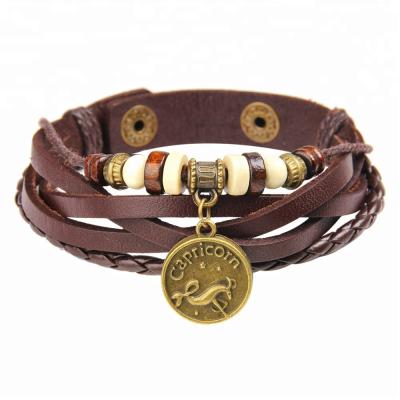 China Bracelet Horoscope Zodiac Sign Charm Layer Leather Bracelet for sale