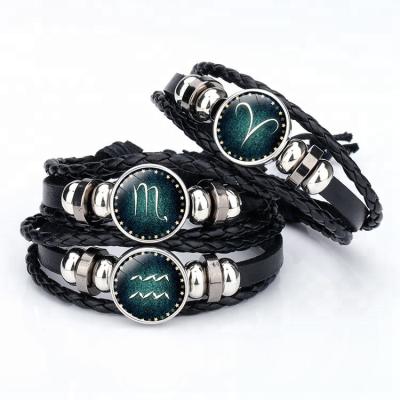 China Adjustable Wristband Horoscope Zodiac Sign Button Leather Bracelet for sale