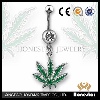 China BELLY RING Fashion Belly Button Navel Ring With Clear CZ Gem Green Weed Marijuana Leaf Piercing Jewelry for sale