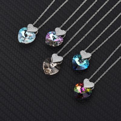 China 2021 Blue Design Sterling Silver Bling Bling Heart Shape Environmental Friendly Crystal Necklace For Women Jewelry for sale