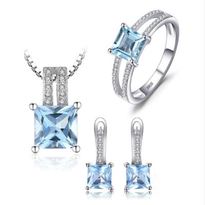 China TRENDY Blues Wholesale 925 Sterling Silver Blue Women's Jewelry Bridal Gift Iced Out Big Sapphire Zircon Jewelry Set For for sale