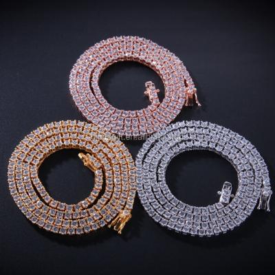 China Hiphop Blues RTS 3mm One Row Iced Out Sterling Silver Tennis Cubic Diamond 925 Zircon Choker Chain Necklace for sale