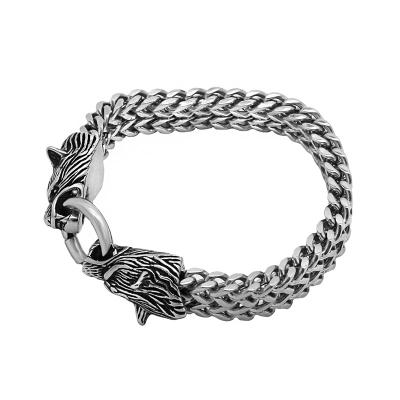 China Custom Silver Double Franco Animal Chain Stainless Steel Hiphop Hiphop Blues Bangle Viking Wolf Head Bracelet For Men for sale