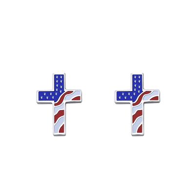 China Hiphop Trendy Blue RTS Fashion Enamel American Flag Silver Plated Cross Earrings for sale