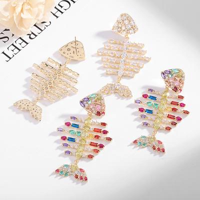 China Environmental Friendly Blue RTS Fashion Design Insert CZ Fish Bone Gold Plated Colorful Micro Stud Earrings For Ladies Jewelry for sale