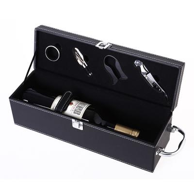 China Protect Wine Factory Handmade Luxury Wine Box Leather Material Single Bottle Holder With Wine Opener Set for sale