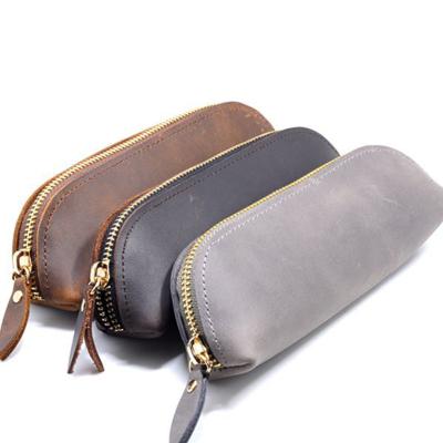 China Schools & Offices Real High Quality Vintage Cowhide Leather Pencil Case Metal Zipper Pen Bag School For Gift for sale