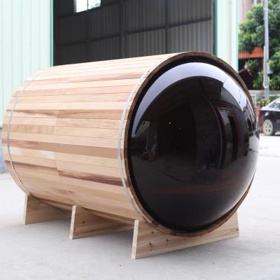 China 1800*2400 mm Plexiglass Traditional Cedar Barrel Sauna Solid Wood Outdoor Panoramic Hemlock/Cedar Sauna Room Hot Sale Red for sale