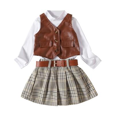 China Breathable Girls' autumn solid color pullover top + stylish PU jacket + plaid pleated skirt belt four-piece set for sale