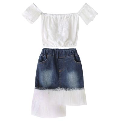 China Breathable New children's summer Europe and the United States off-shoulder clothes + fashion mesh denim skirt girls suit for sale