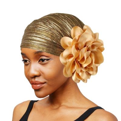 China Muslim  Hijab Hay African style bright silk ruffled large floral headscarf Muslim ethnic hat wedding hat for sale