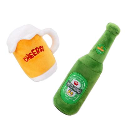 China Stocked Squeaky Stuffed Beer Bottle Beer Mug Dog Chew Plush Sounding Toys for sale