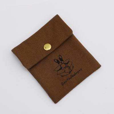 China Snap Button Bag Brown Canvas Jewelry Bags, 6*8cm High Quality Necklace, Ring Package Pouch With Snap Button Logo Customization for sale