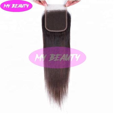 China Silky Straight Wave Brown Hair Closure 4*4 Brazilian Straight Hair Closure Pre Plucked With Baby Hair Middle Swiss Lace for sale