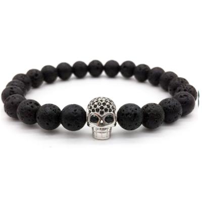 China Lead Free Wholesale Trendy Micro Pave CZ Skull Lava Beads Men Bracelet for sale