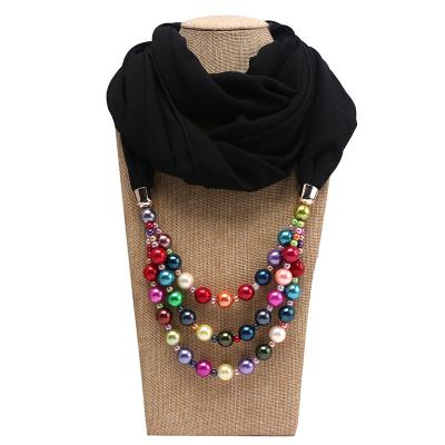 China Bestone Polyester Customized Solid Color Ladies Scarf Shawl With Round Pearl Bead Pendants Fashion Jewelry Women Bead Scarf Necklace for sale