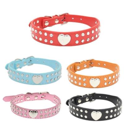 China Sustainable PU Leather pet dog Collars Adjustable Luxury heart shape Diamond Waterproof Dog Training Collar for Small Dogs and Cats for sale