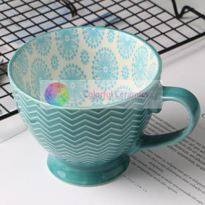 China 380ml Ceramic Custom Embossed Mugs Stoneware Food Contact Safe Design for sale