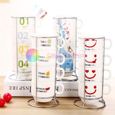 China 320ml Cute Monogram Coffee Mug Set With Holder , Coffee Cup Set With Stand for sale