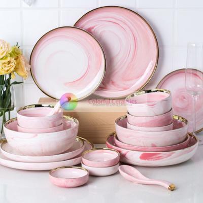 China Gold Decal Marble Porcelain Dinnerware Sets Food Contact Safe Type for sale