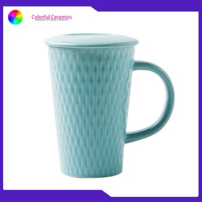 China Ceramic cup tall coffee mugs V mug ceramic coffee mug with lid Custom Embossed Mugs for sale