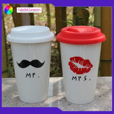 China Lead Free 380ml Travelling Ceramic Mugs Double Layer Coffee Cup With Silicon Lid for sale