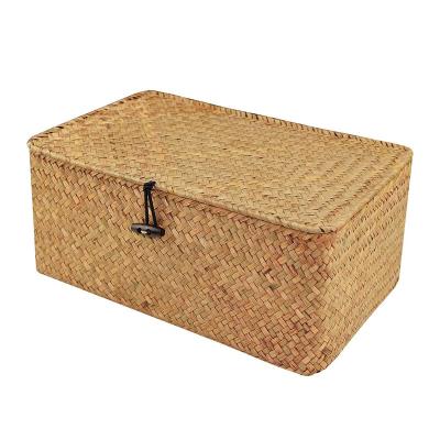 China Eco-friendly Handmade Basket Straw Storage Bin Seagrass Woven Basket With Handle Rattan Basket Vegetable Plankton for sale