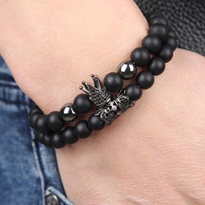 China FASHIONABLE Matte Beads Bracelets 8mm Black Onyx Stone Bracelets Sets Charm King Crown For Women Men Jewelry for sale