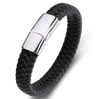 China CLASSIC Mens Luxury Handmade Accessories Leather Bracelet Mens Custom Hand Rope Leather Stainless Steel Mens Bracelet for sale