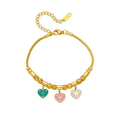 China FASHIONABLE Korean version of fashion titanium steel interval beaded drops oil three-color love pendant bracelet for sale