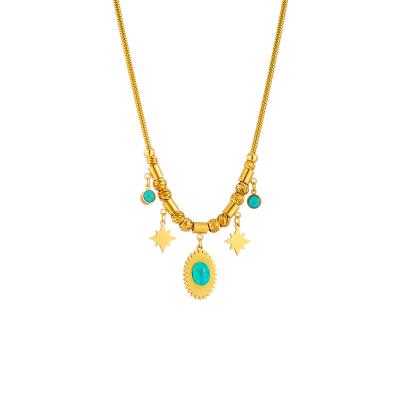 China European and American creative oval star turquoise niche personality fashion jewelry pendant titanium steel chain necklace for sale